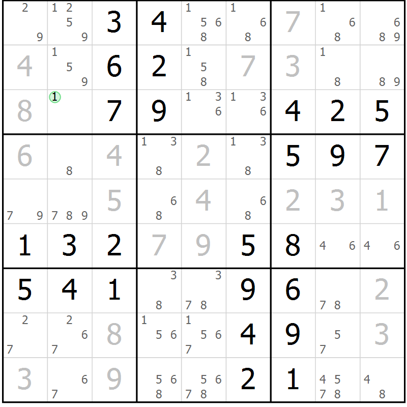 Position des candidats pour la solution de la Gr 54 page 57 du magazine de sudoku Virtuose n° 125