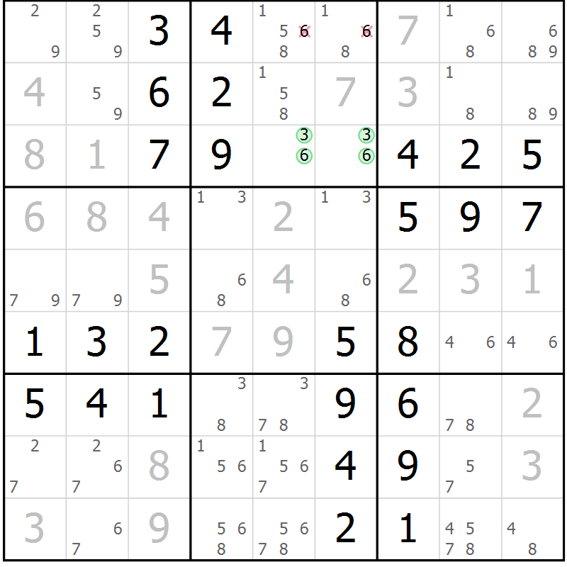 Position des candidats pour la solution de la Gr 54 page 57 du magazine de sudoku Virtuose n° 125