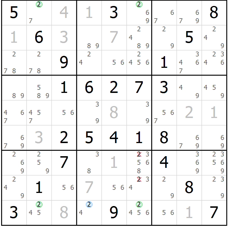 Position des candidats pour la solution de la Gr 55 page 58 du magazine de sudoku Virtuose n° 125