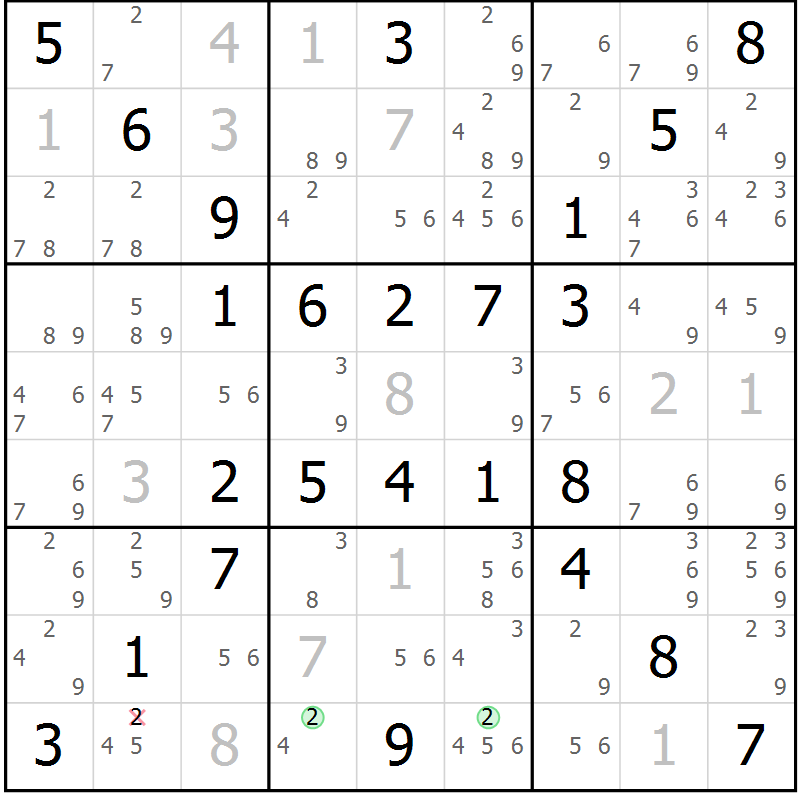 Position des candidats pour la solution de la Gr 55 page 58 du magazine de sudoku Virtuose n° 125