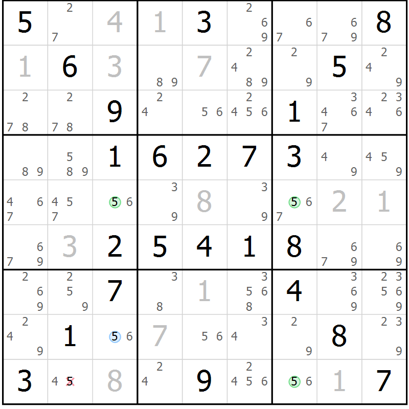 Position des candidats pour la solution de la Gr 55 page 58 du magazine de sudoku Virtuose n° 125