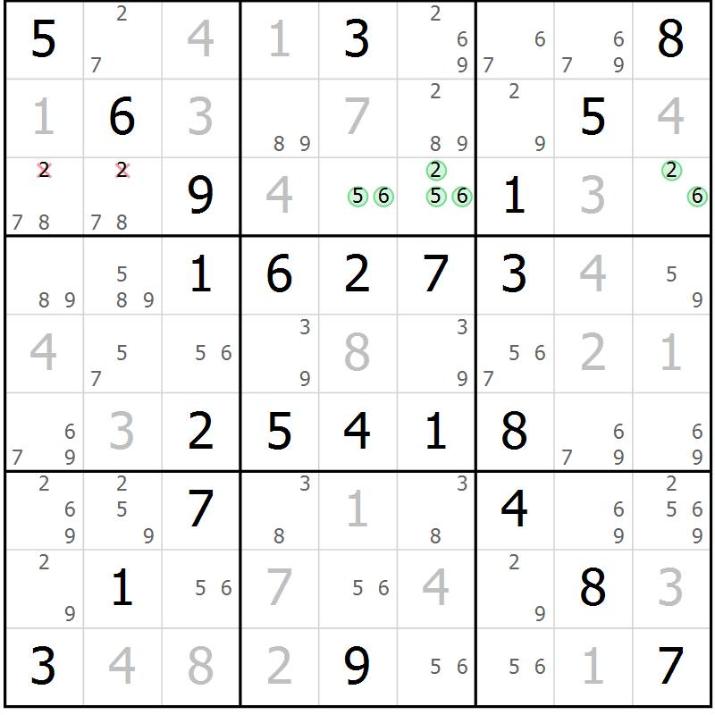 Position des candidats pour la solution de la Gr 55 page 58 du magazine de sudoku Virtuose n° 125