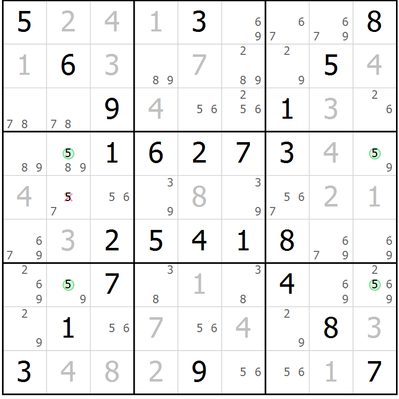 Position des candidats pour la solution de la Gr 55 page 58 du magazine de sudoku Virtuose n° 125