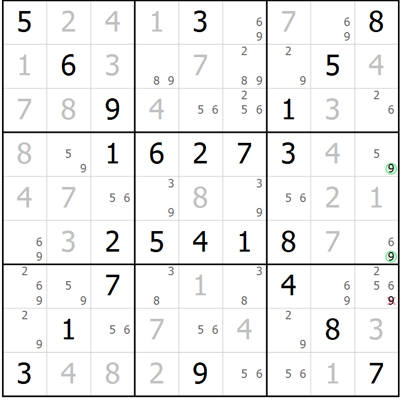 Position des candidats pour la solution de la Gr 55 page 58 du magazine de sudoku Virtuose n° 125