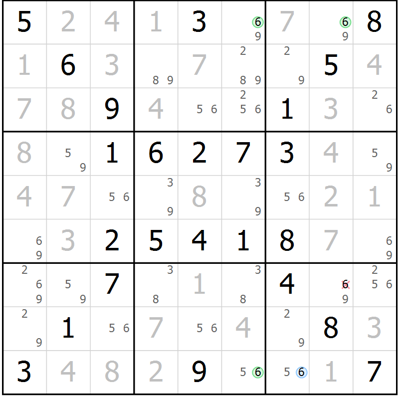 Position des candidats pour la solution de la Gr 55 page 58 du magazine de sudoku Virtuose n° 125