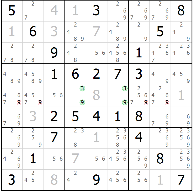 Position des candidats pour la solution de la Gr 55 page 58 du magazine de sudoku Virtuose n° 125