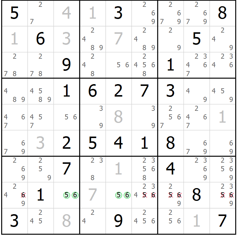 Position des candidats pour la solution de la Gr 55 page 58 du magazine de sudoku Virtuose n° 125