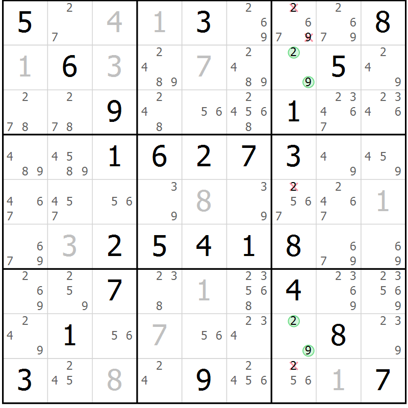 Position des candidats pour la solution de la Gr 55 page 58 du magazine de sudoku Virtuose n° 125