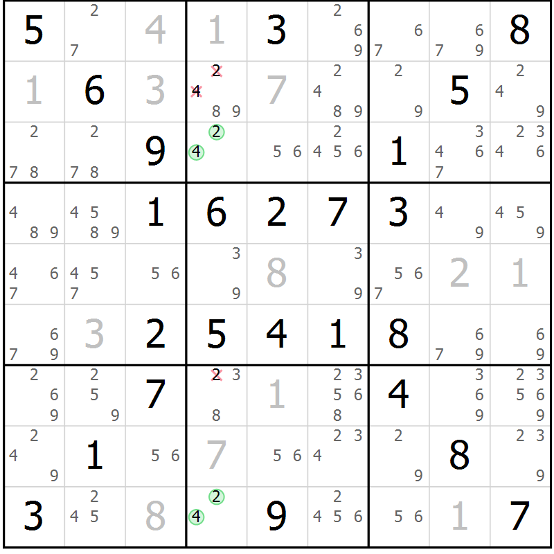 Position des candidats pour la solution de la Gr 55 page 58 du magazine de sudoku Virtuose n° 125
