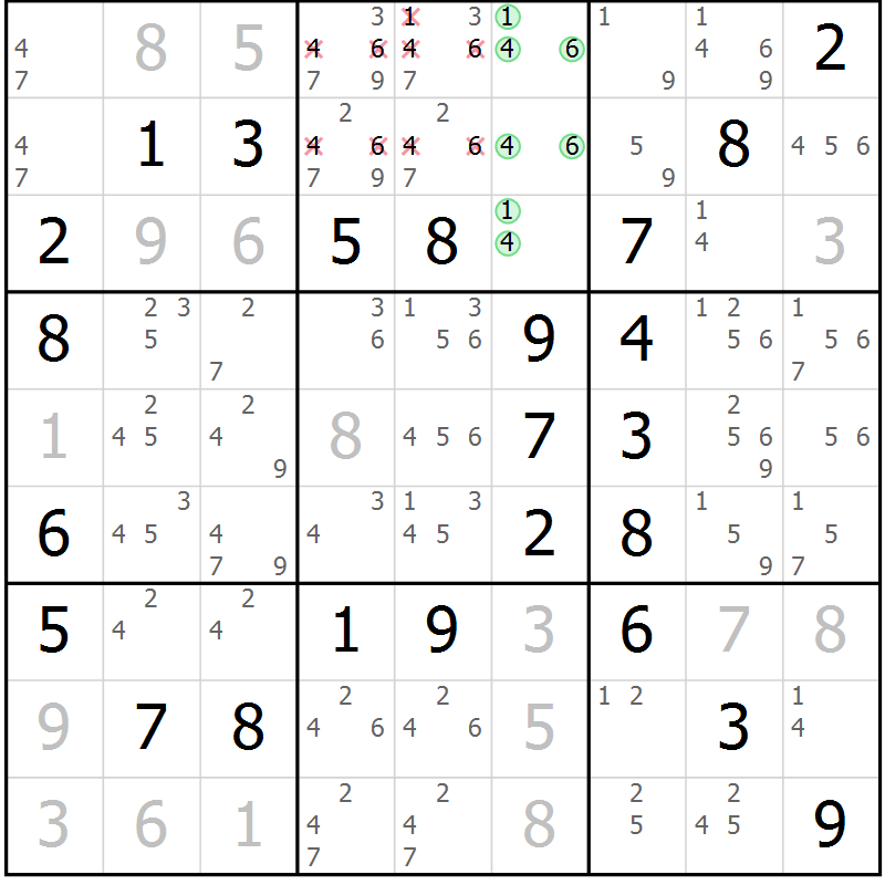 Position des candidats pour la solution de la Gr 56 page 59 du magazine de sudoku Virtuose n° 125