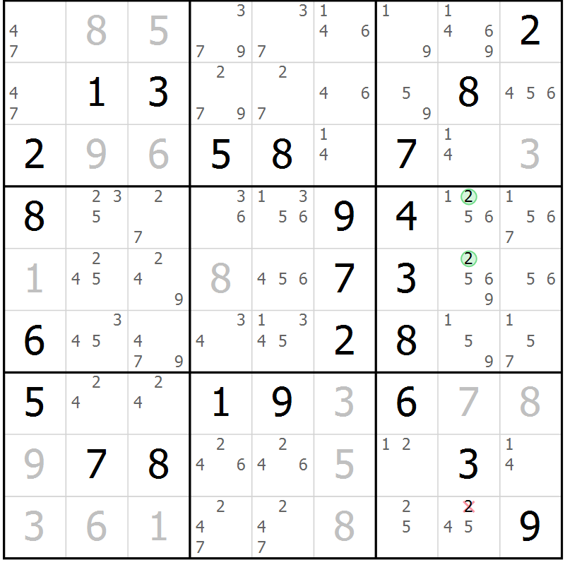 Position des candidats pour la solution de la Gr 56 page 59 du magazine de sudoku Virtuose n° 125
