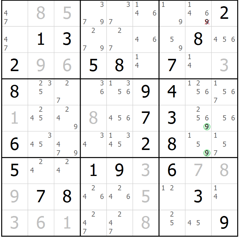 Position des candidats pour la solution de la Gr 56 page 59 du magazine de sudoku Virtuose n° 125