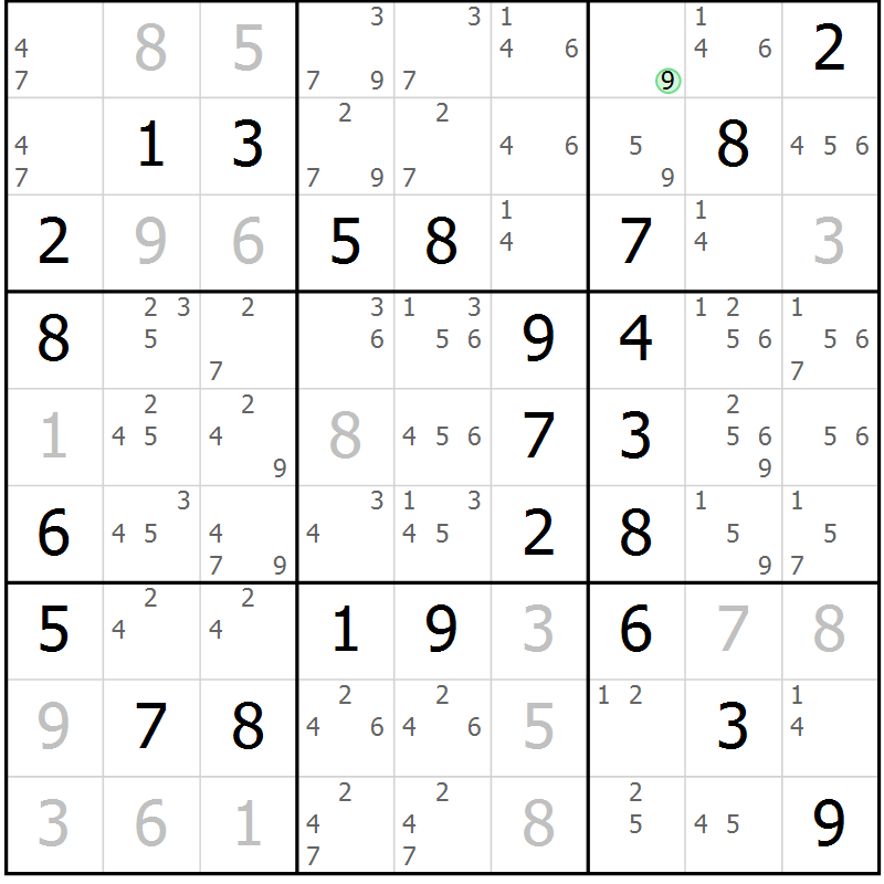 Position des candidats pour la solution de la Gr 56 page 59 du magazine de sudoku Virtuose n° 125