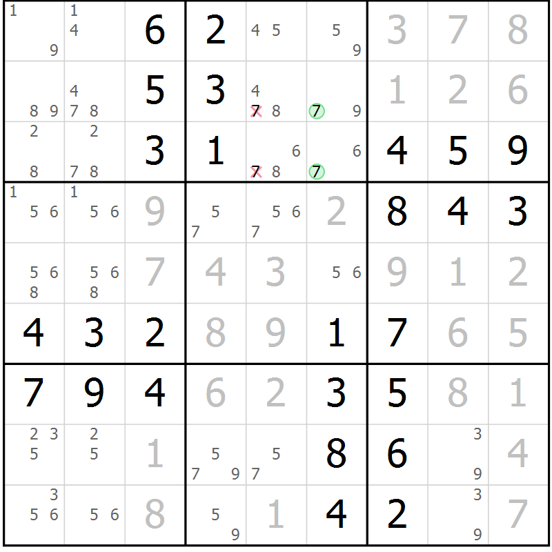 Position des candidats pour la solution de la Gr 57 page 60 du magazine de sudoku Virtuose n° 125