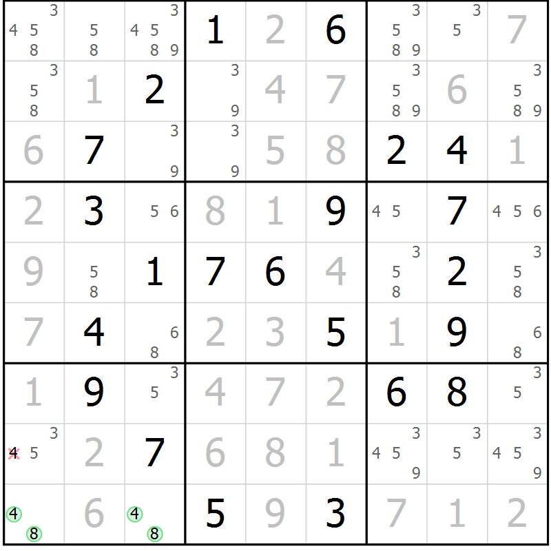 Position des candidats pour la solution de la Gr 58 page 61 du magazine de sudoku Virtuose n° 125