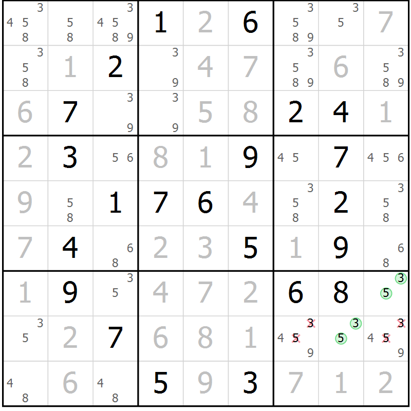 Position des candidats pour la solution de la Gr 58 page 61 du magazine de sudoku Virtuose n° 125