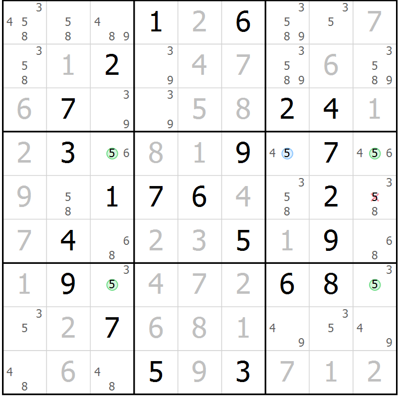 Position des candidats pour la solution de la Gr 58 page 61 du magazine de sudoku Virtuose n° 125