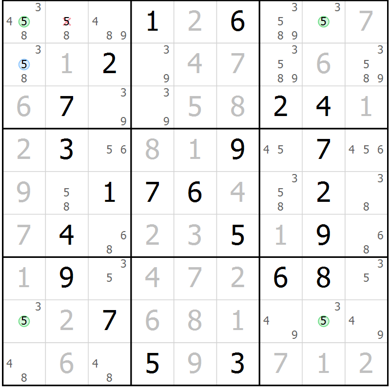 Position des candidats pour la solution de la Gr 58 page 61 du magazine de sudoku Virtuose n° 125