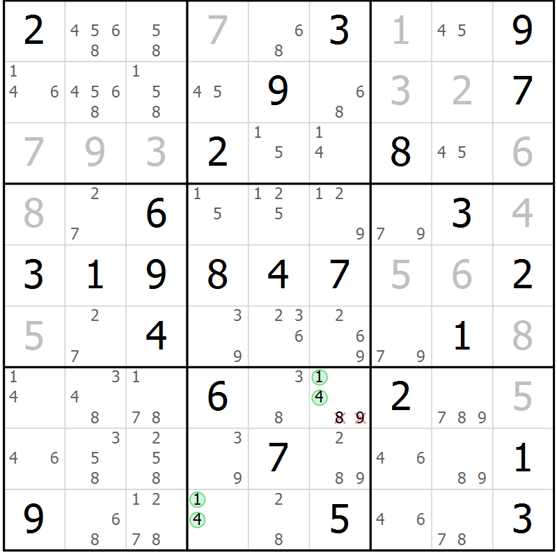 Position des candidats pour la solution de la Gr 59 page 62 du magazine de sudoku Virtuose n° 125