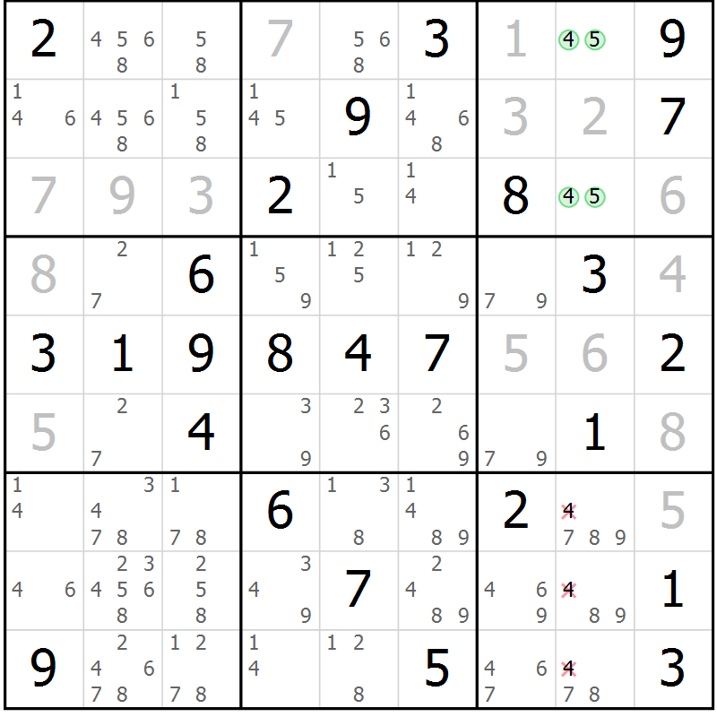 Position des candidats pour la solution de la Gr 59 page 62 du magazine de sudoku Virtuose n° 125
