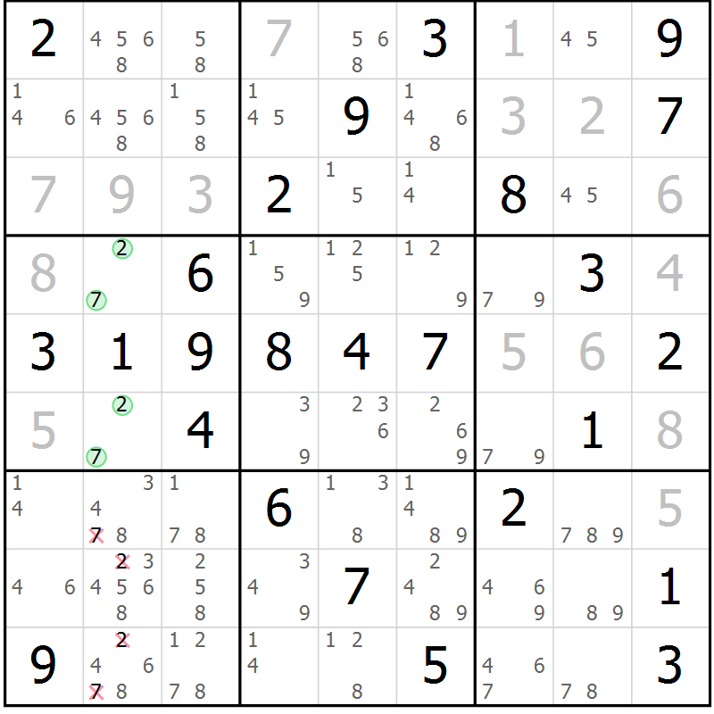 Position des candidats pour la solution de la Gr 59 page 62 du magazine de sudoku Virtuose n° 125