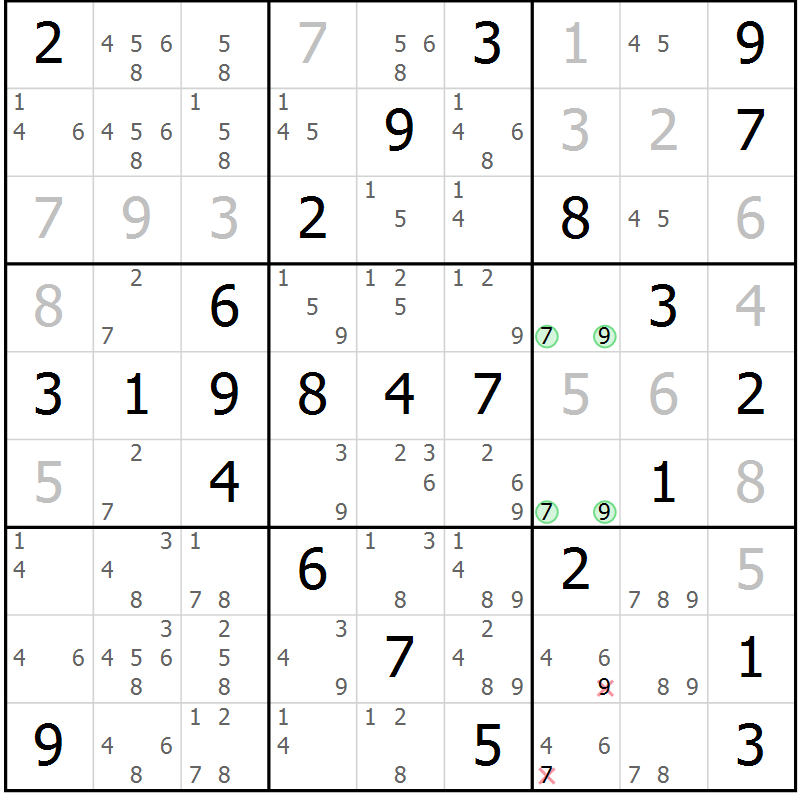 Position des candidats pour la solution de la Gr 59 page 62 du magazine de sudoku Virtuose n° 125