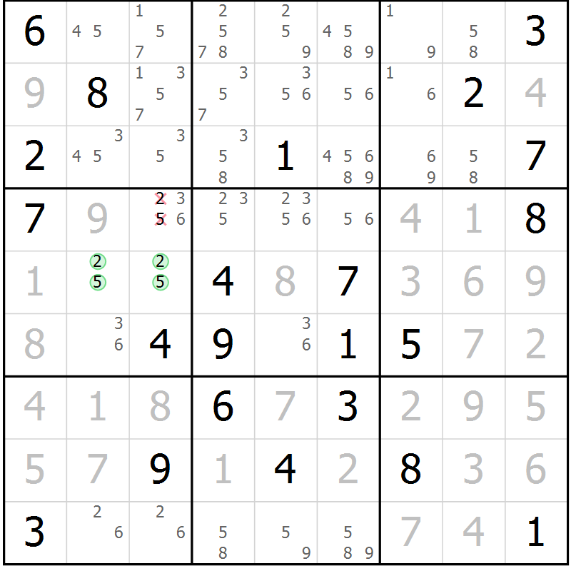 Position des candidats pour la solution de la Gr 6 page 9 du magazine de sudoku Virtuose n° 125
