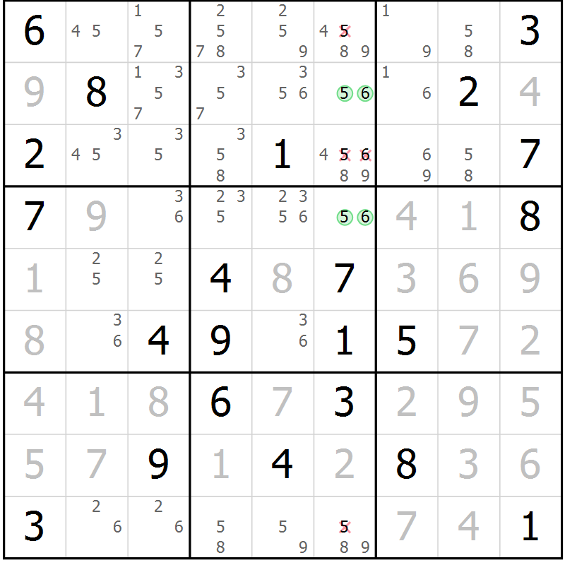 Position des candidats pour la solution de la Gr 6 page 9 du magazine de sudoku Virtuose n° 125