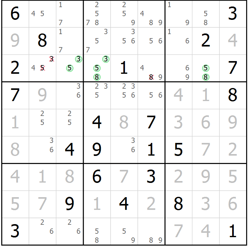 Position des candidats pour la solution de la Gr 6 page 9 du magazine de sudoku Virtuose n° 125