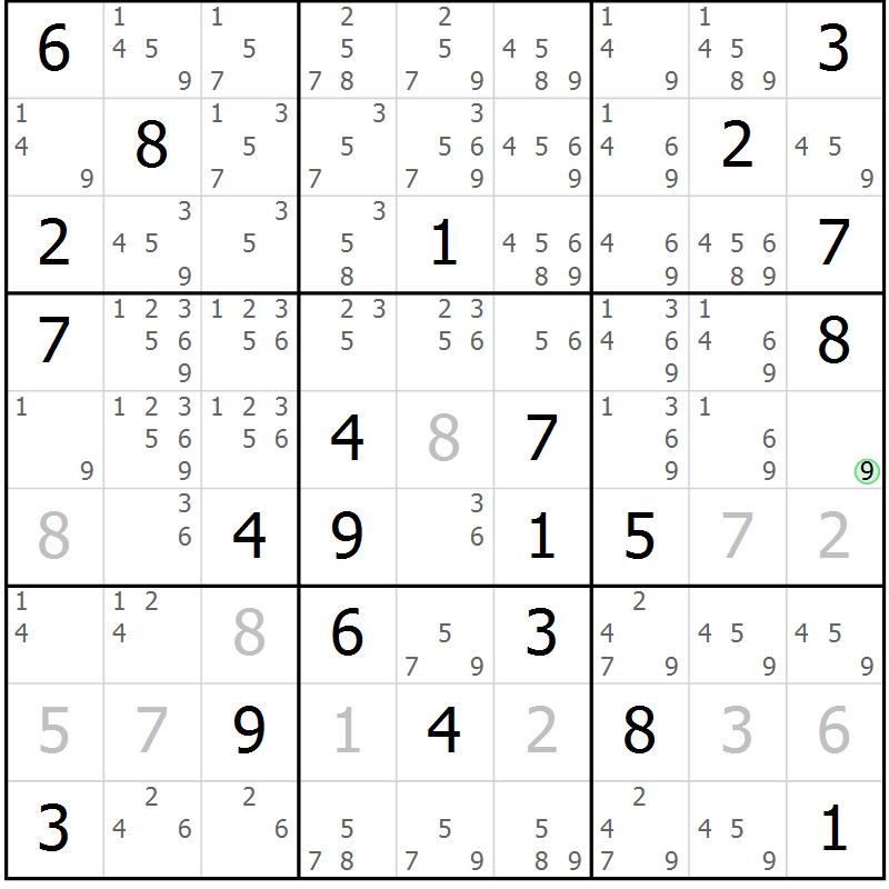 Position des candidats pour la solution de la Gr 6 page 9 du magazine de sudoku Virtuose n° 125