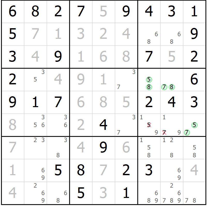 Position des candidats pour la solution de la Gr 61 page 64 du magazine de sudoku Virtuose n° 125