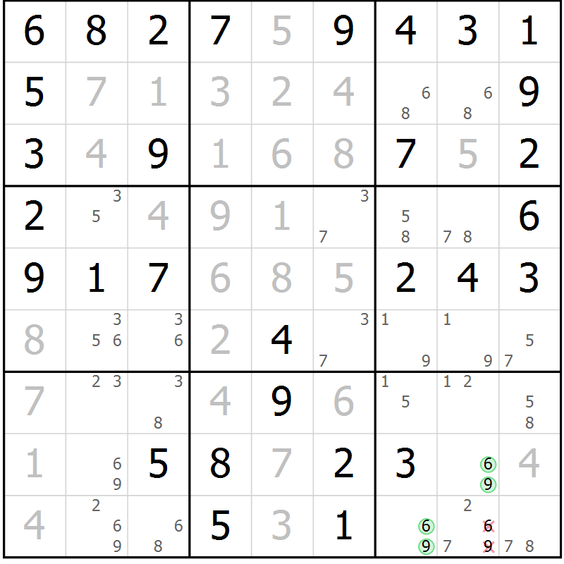 Position des candidats pour la solution de la Gr 61 page 64 du magazine de sudoku Virtuose n° 125