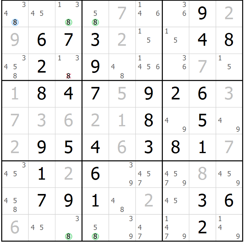 Position des candidats pour la solution de la Gr 62 page 65 du magazine de sudoku Virtuose n° 125