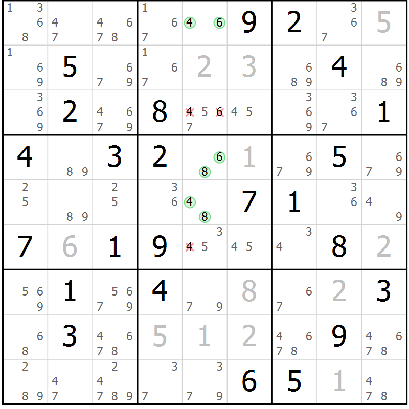 Position des candidats pour la solution de la Gr 63 page 66 du magazine de sudoku Virtuose n° 125