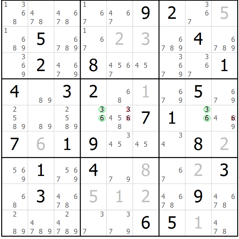 Position des candidats pour la solution de la Gr 63 page 66 du magazine de sudoku Virtuose n° 125