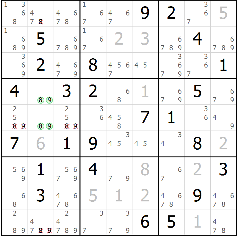 Position des candidats pour la solution de la Gr 63 page 66 du magazine de sudoku Virtuose n° 125