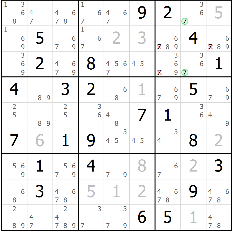 Position des candidats pour la solution de la Gr 63 page 66 du magazine de sudoku Virtuose n° 125