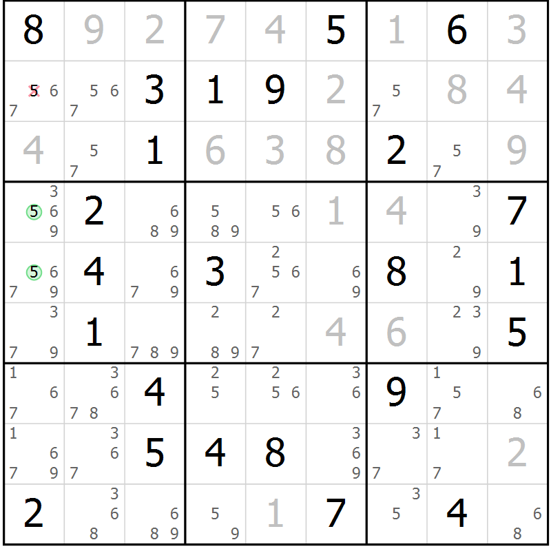 Position des candidats pour la solution de la Gr 64 page 67 du magazine de sudoku Virtuose n° 125