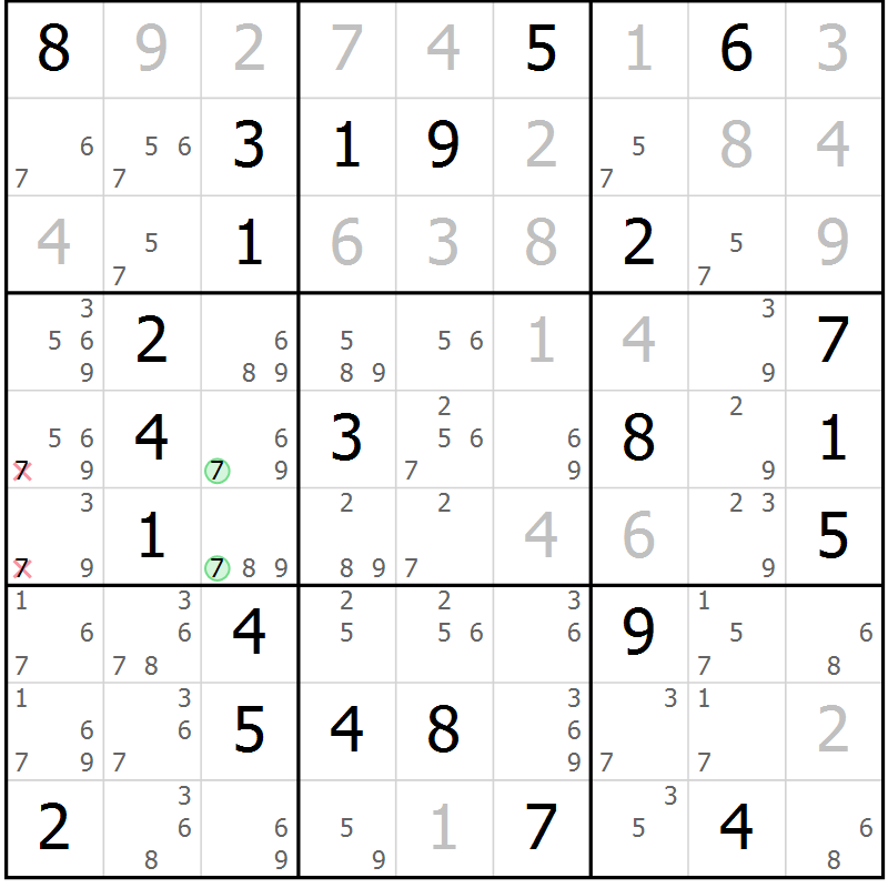 Position des candidats pour la solution de la Gr 64 page 67 du magazine de sudoku Virtuose n° 125