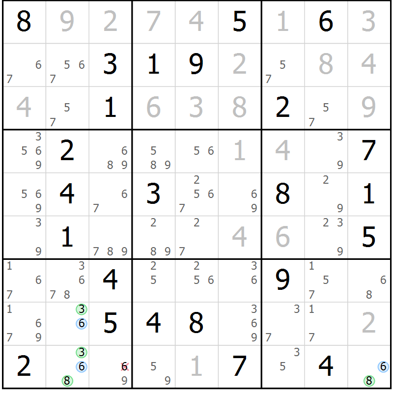 Position des candidats pour la solution de la Gr 64 page 67 du magazine de sudoku Virtuose n° 125