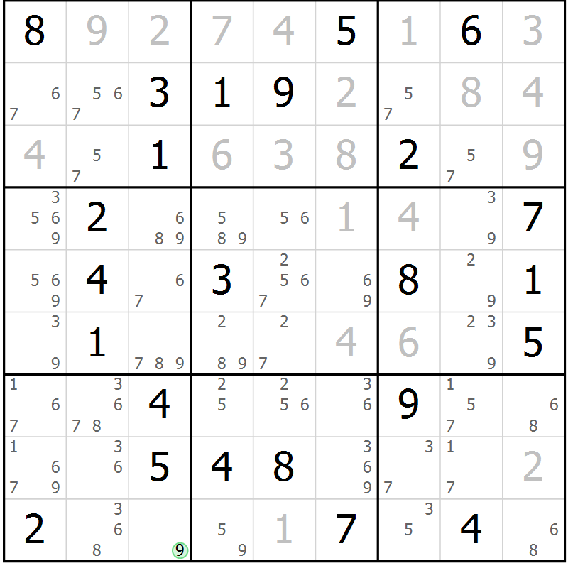 Position des candidats pour la solution de la Gr 64 page 67 du magazine de sudoku Virtuose n° 125