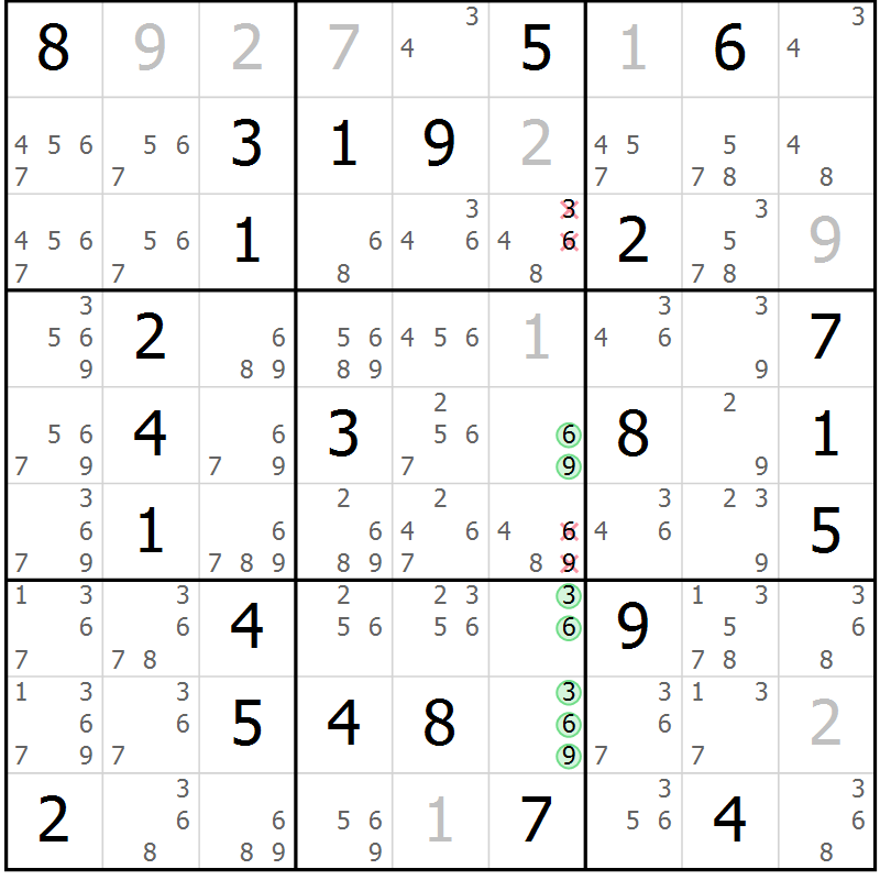 Position des candidats pour la solution de la Gr 64 page 67 du magazine de sudoku Virtuose n° 125