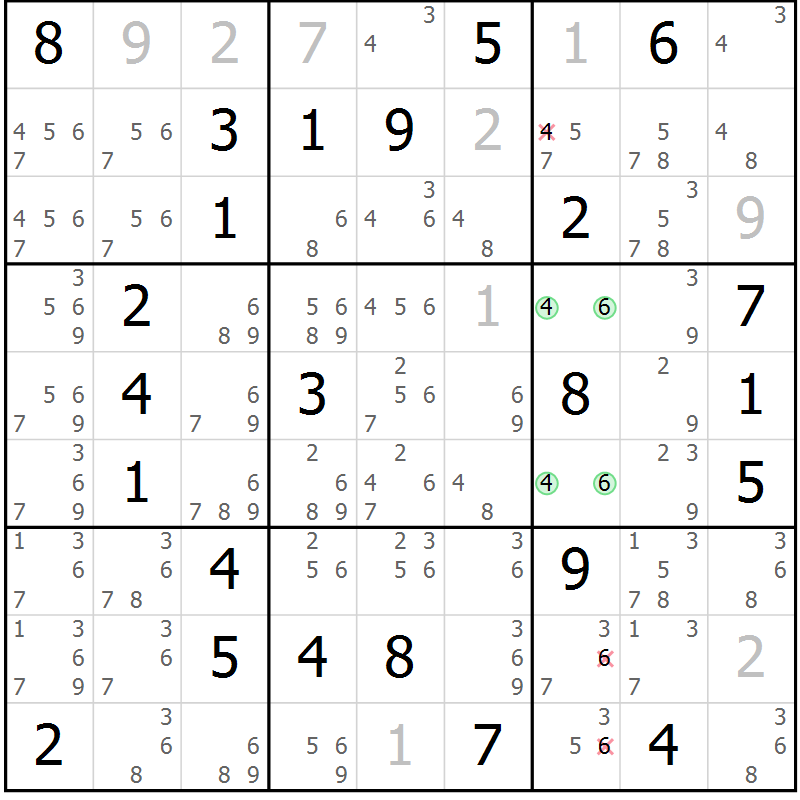 Position des candidats pour la solution de la Gr 64 page 67 du magazine de sudoku Virtuose n° 125