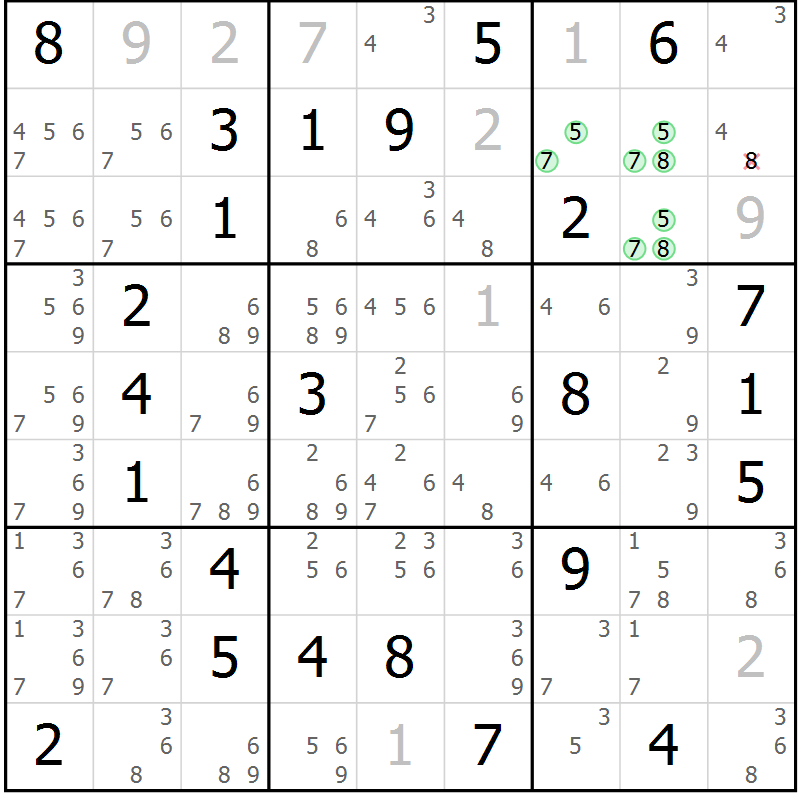 Position des candidats pour la solution de la Gr 64 page 67 du magazine de sudoku Virtuose n° 125