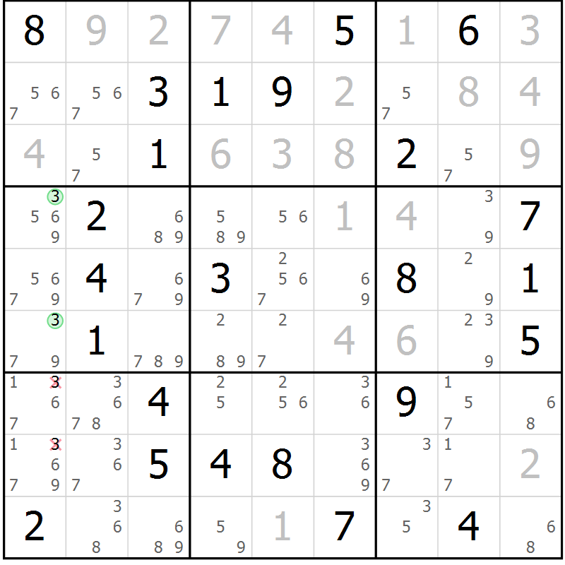 Position des candidats pour la solution de la Gr 64 page 67 du magazine de sudoku Virtuose n° 125