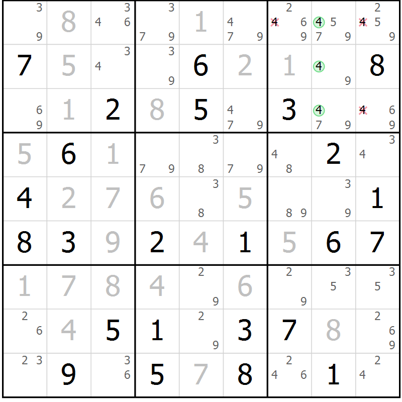 Position des candidats pour la solution de la Gr 65 page 68 du magazine de sudoku Virtuose n° 125