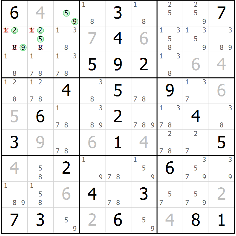 Position des candidats pour la solution de la Gr 67 page 70 du magazine de sudoku Virtuose n° 125