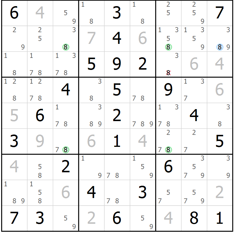 Position des candidats pour la solution de la Gr 67 page 70 du magazine de sudoku Virtuose n° 125