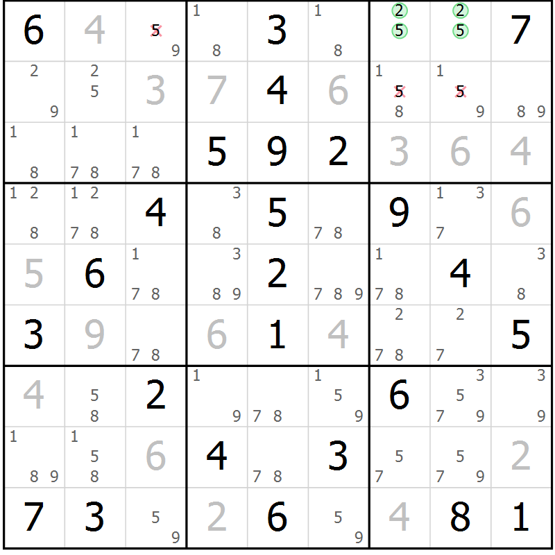Position des candidats pour la solution de la Gr 67 page 70 du magazine de sudoku Virtuose n° 125