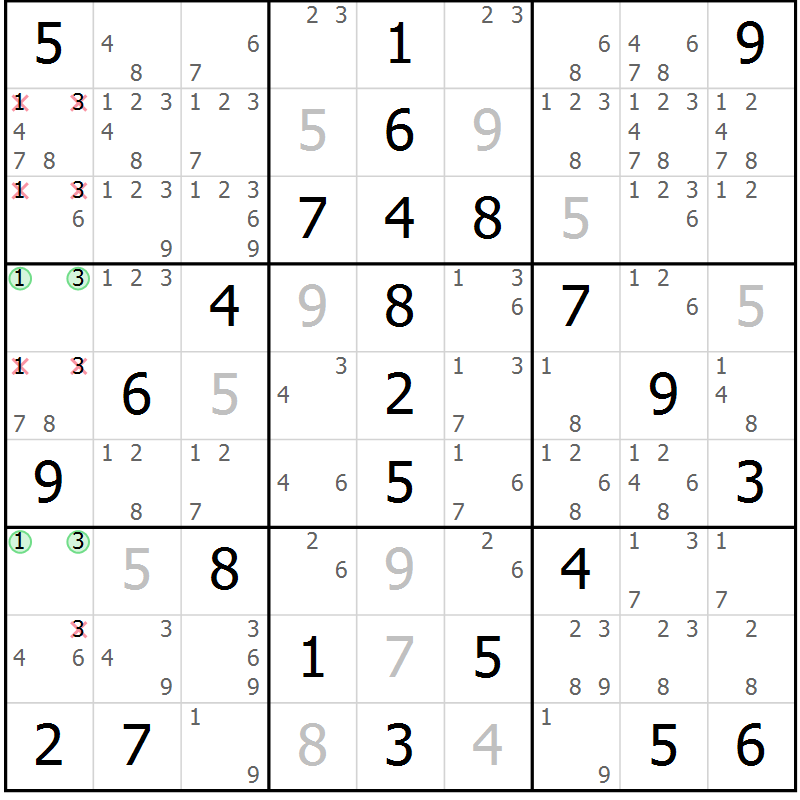 Position des candidats pour la solution de la Gr 68 page 71 du magazine de sudoku Virtuose n° 125